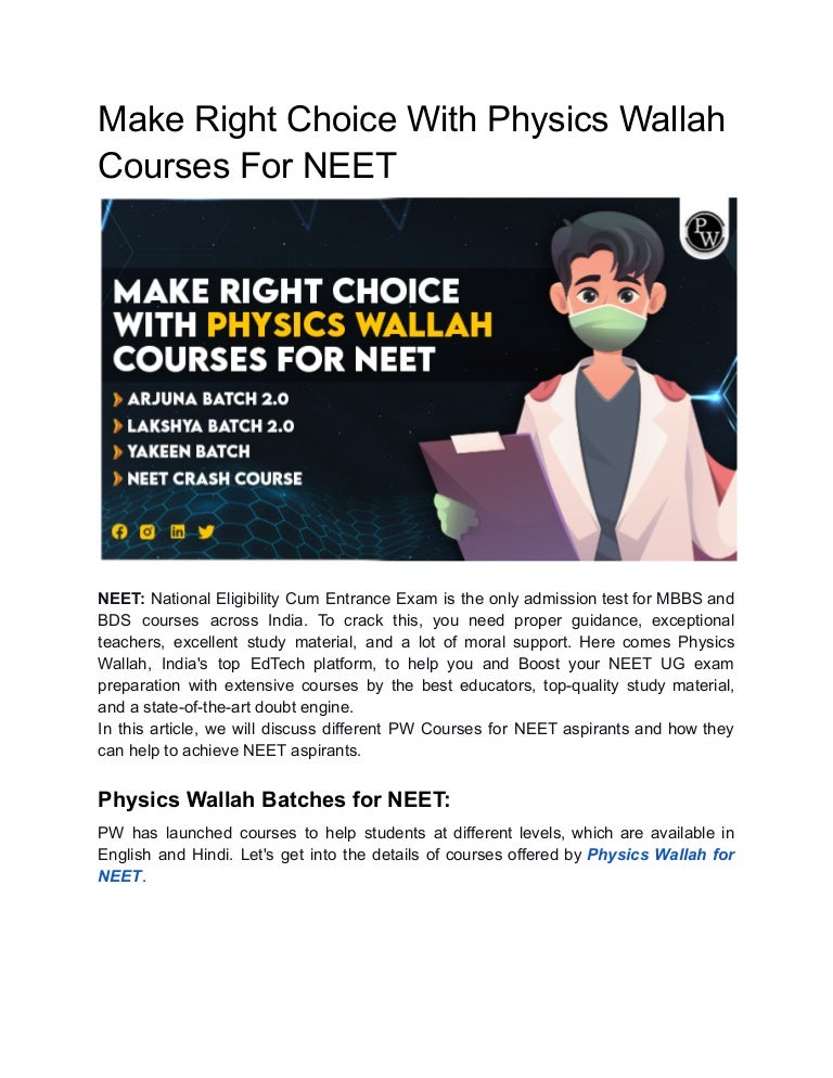 Make Right Choice With Physics Wallah Courses For NEET